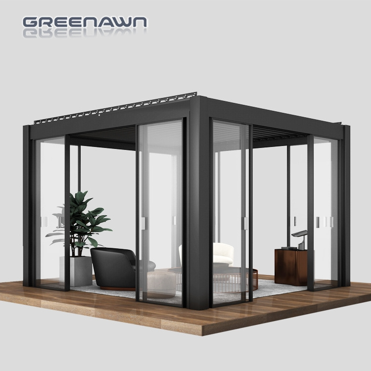 Outdoor modern motorized gazebo bioclimatic aluminum pergola large glass greenhouses guangdong cheap