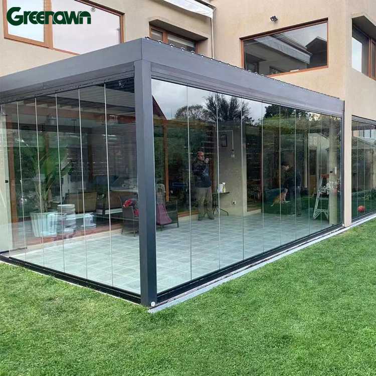 Professional Waterproof  Windproof Glass Doors System Pergola Bioclimatique Outdoor Gazebo