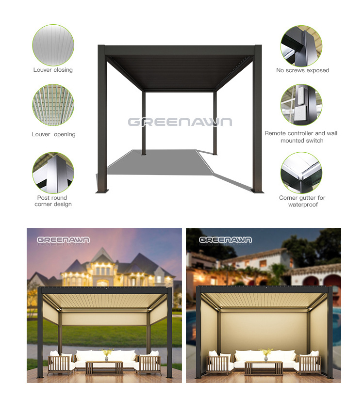 Greenawn outdoor sun shade villa garden 3x4 3x3 aluminum louvre roof motorized systems pergola gazebos waterproof