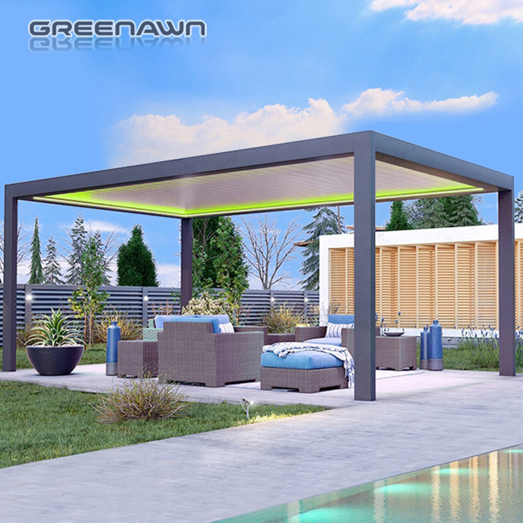 Outdoor Aluminium Pergola Opening Closing Louvered Gazebo With Led Lights