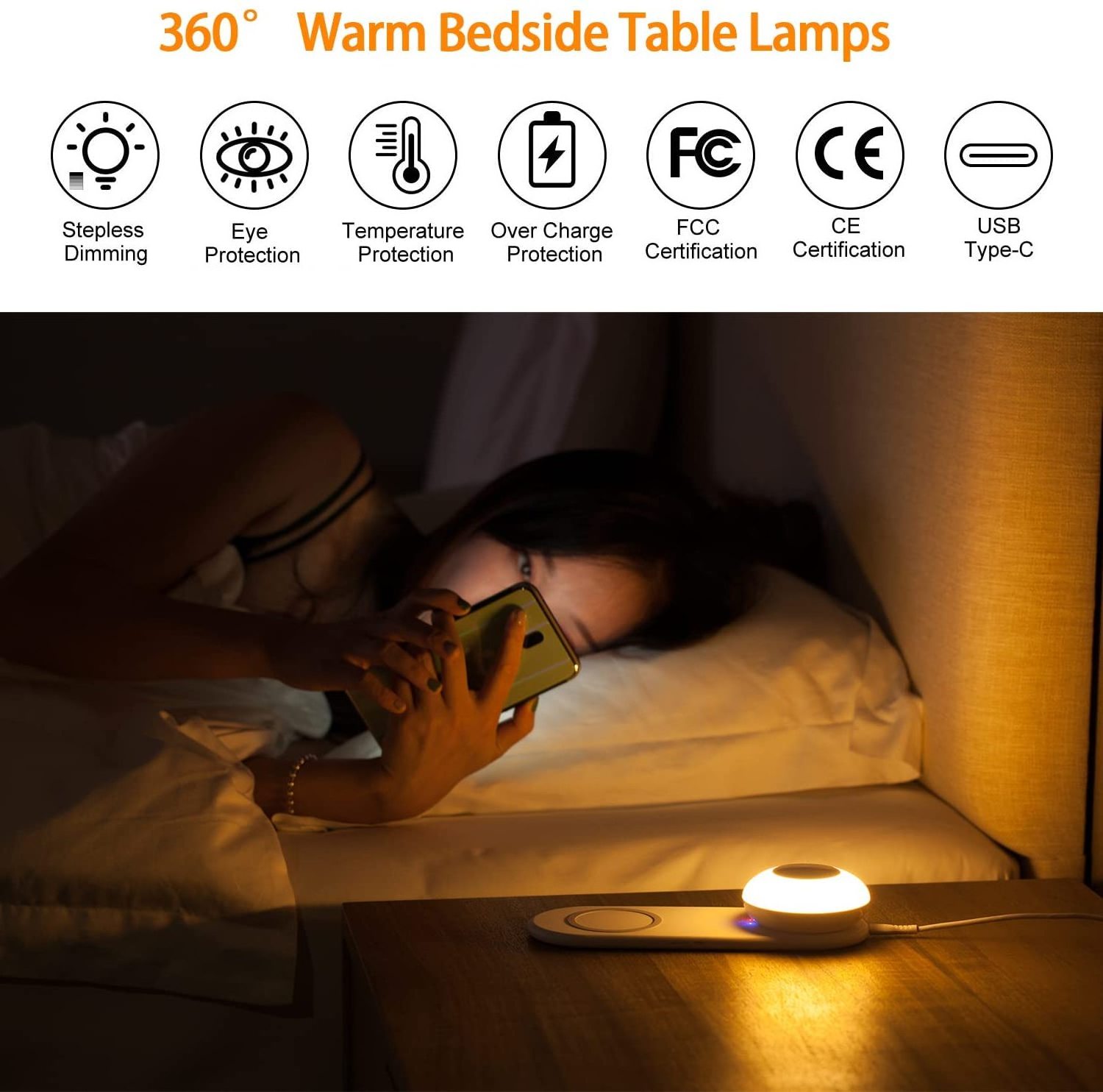 Smart Touch Bedside Table Lamp with Fast Wireless Charging Pad, USB Rechargeable LED Night Light