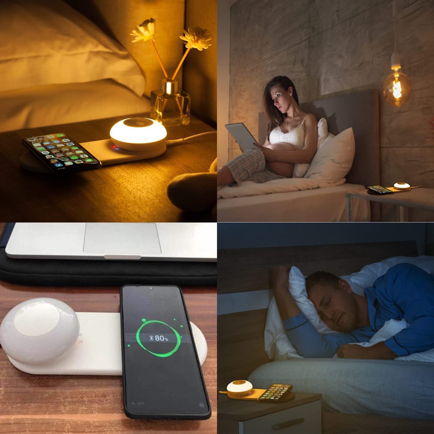 Smart Touch Bedside Table Lamp with Fast Wireless Charging Pad, USB Rechargeable LED Night Light