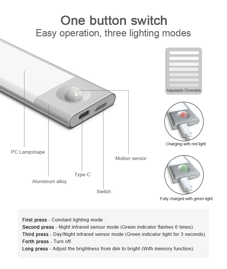 Magnetic Under Counter Smart Light Dimmer Battery Operated Under Cabinet Lighting Led Motion Sensor Cabinet Light for Closet