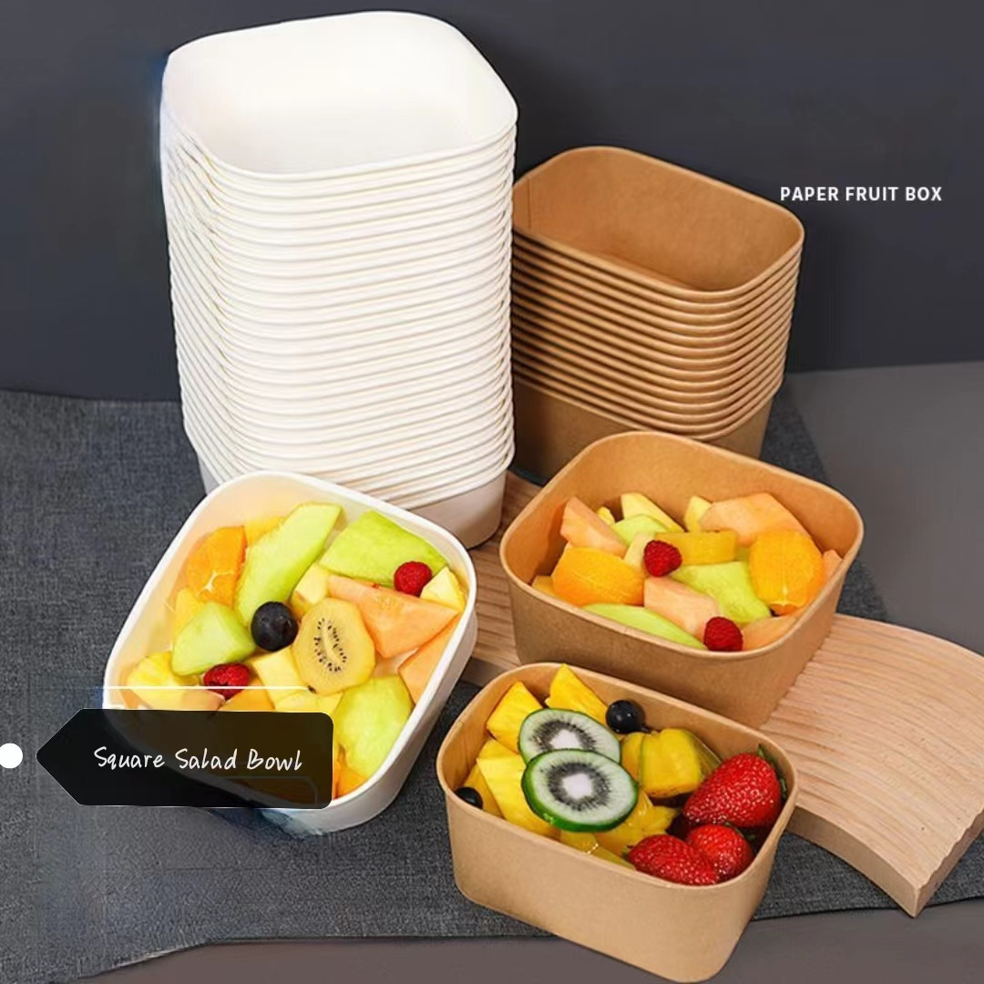 Disposable salad food packing containers kraft paper plates bowls  square paper bowl with pp lid