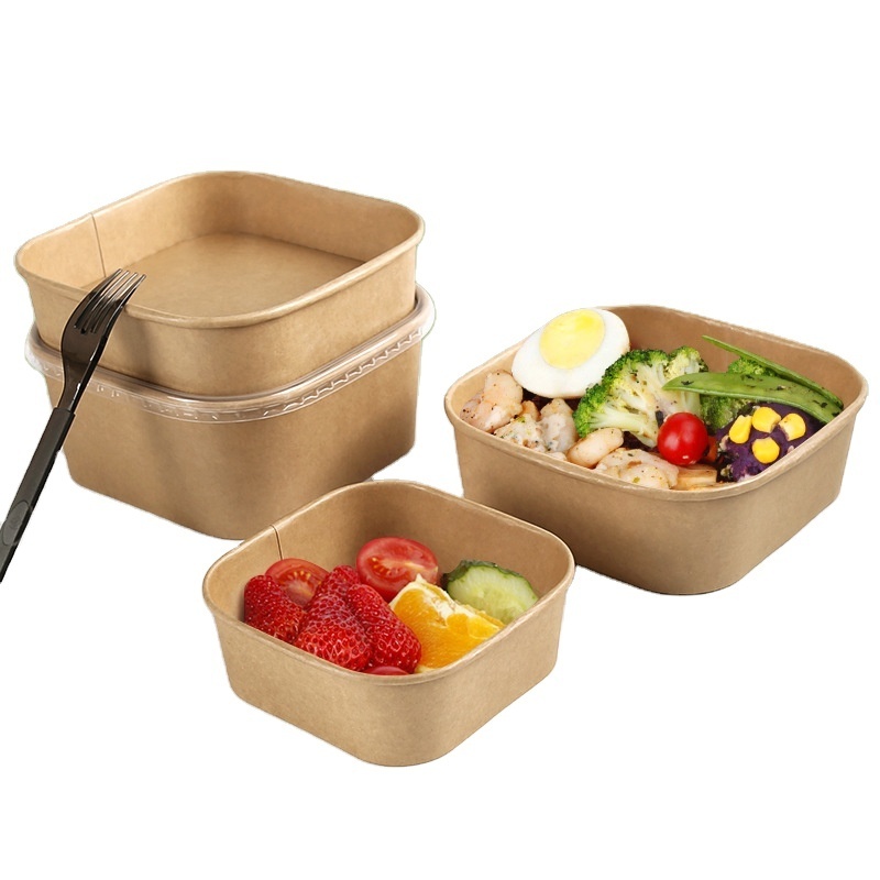 Disposable salad food packing containers kraft paper plates bowls  square paper bowl with pp lid