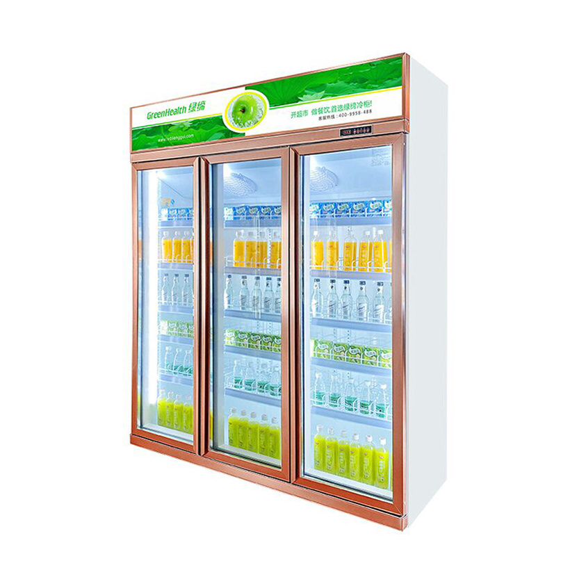 Refrigeration Electronic Frost-free LED Light Upright Three Glass Door Refrigerator for Beverage