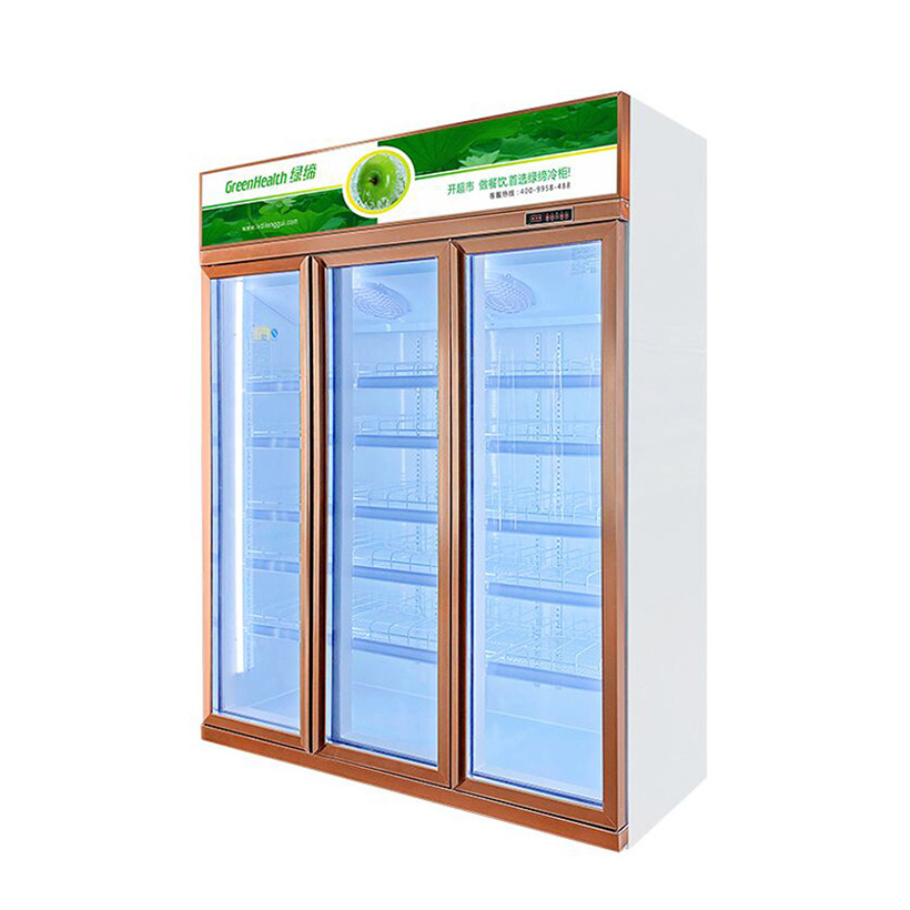 Refrigeration Electronic Frost-free LED Light Upright Three Glass Door Refrigerator for Beverage