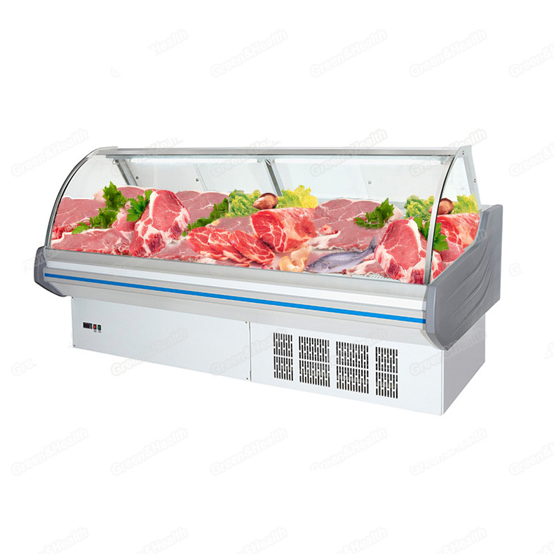 Low Price Curved Glass Supermarket Meat Display Food Refrigerated Deli Showcase Refrigerator