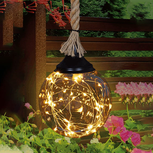 Decor Ball Glass Solar Light Outdoor Led Garden Hanging Lamp Led Jute rope Hanging Solar Lantern