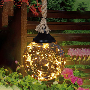 Decor Ball Glass Solar Light Outdoor Led Garden Hanging Lamp Led Jute rope Hanging Solar Lantern