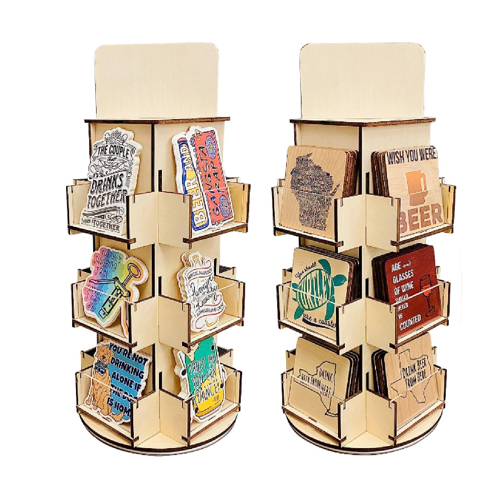 Rotating 3 Tier Wooden Display Stand 4-Sided Display Rack 360 degree Spinning Display Stand for Coasters Stickers Retail