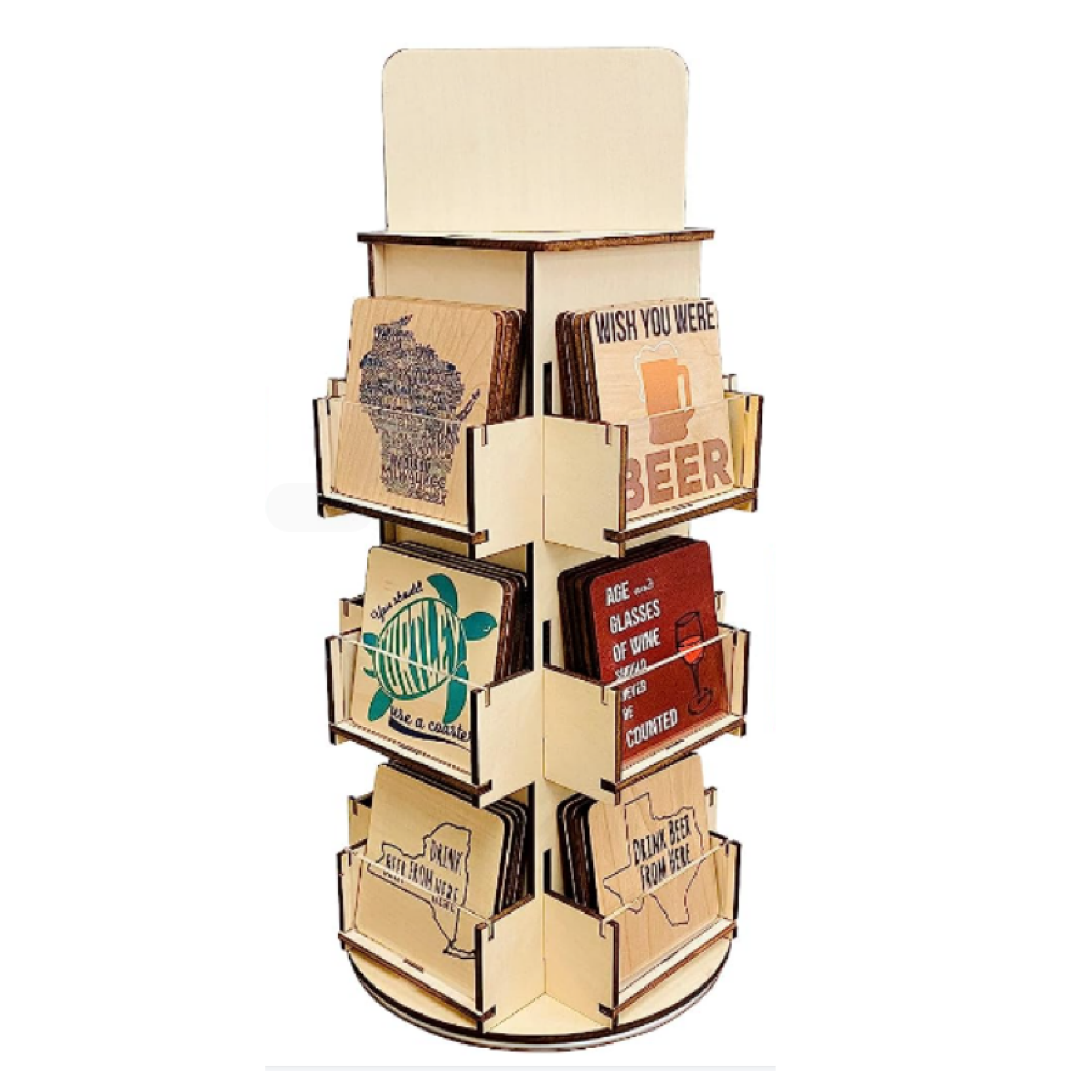 Rotating 3 Tier Wooden Display Stand 4-Sided Display Rack 360 degree Spinning Display Stand for Coasters Stickers Retail