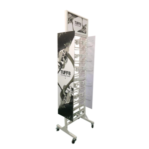 A Mobile Charger Display Stand with a Mobile Hook and a Double Sided Metal Stand featuring Steering Wheels.