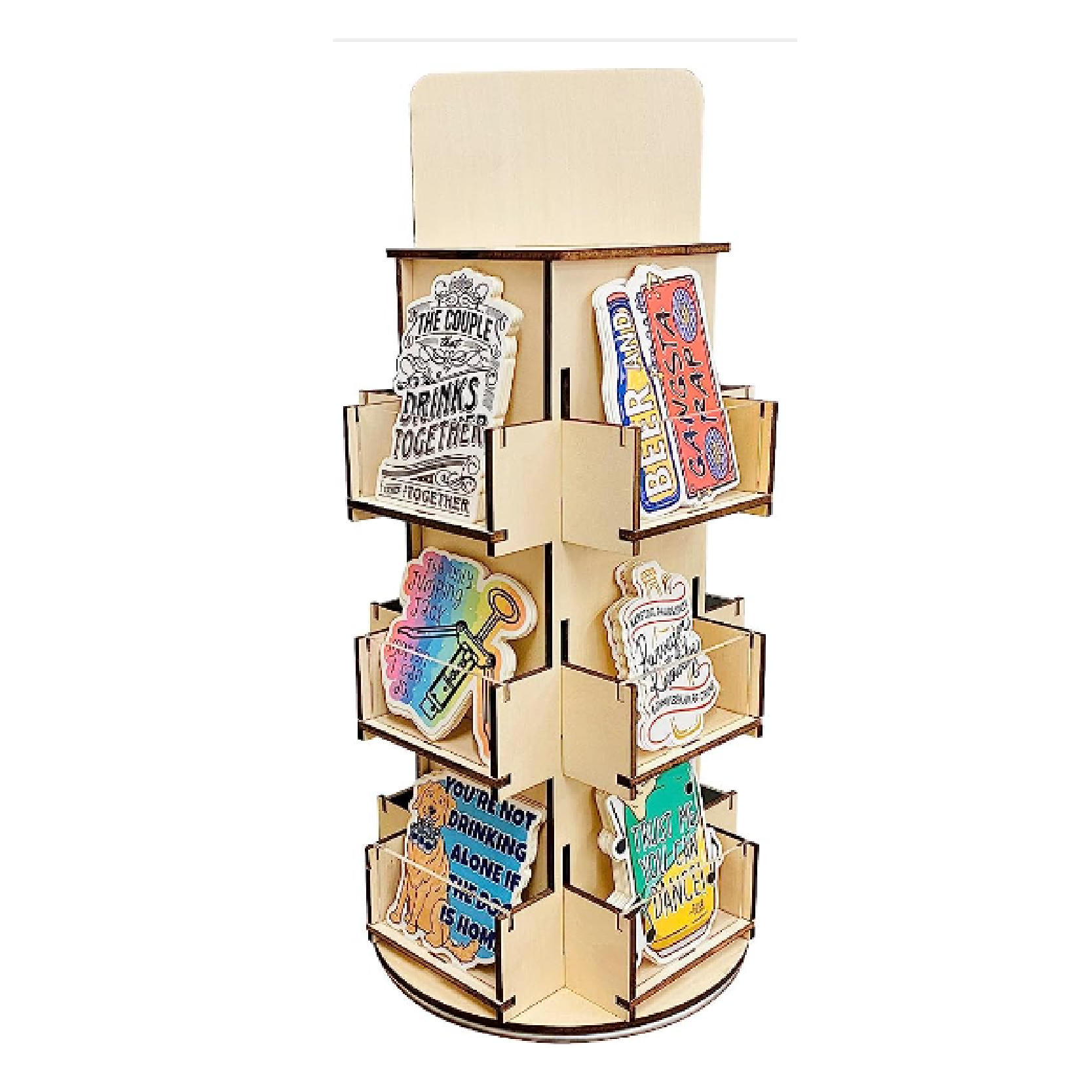 Rotating 3 Tier Wooden Display Stand 4-Sided Display Rack 360 degree Spinning Display Stand for Coasters Stickers Retail