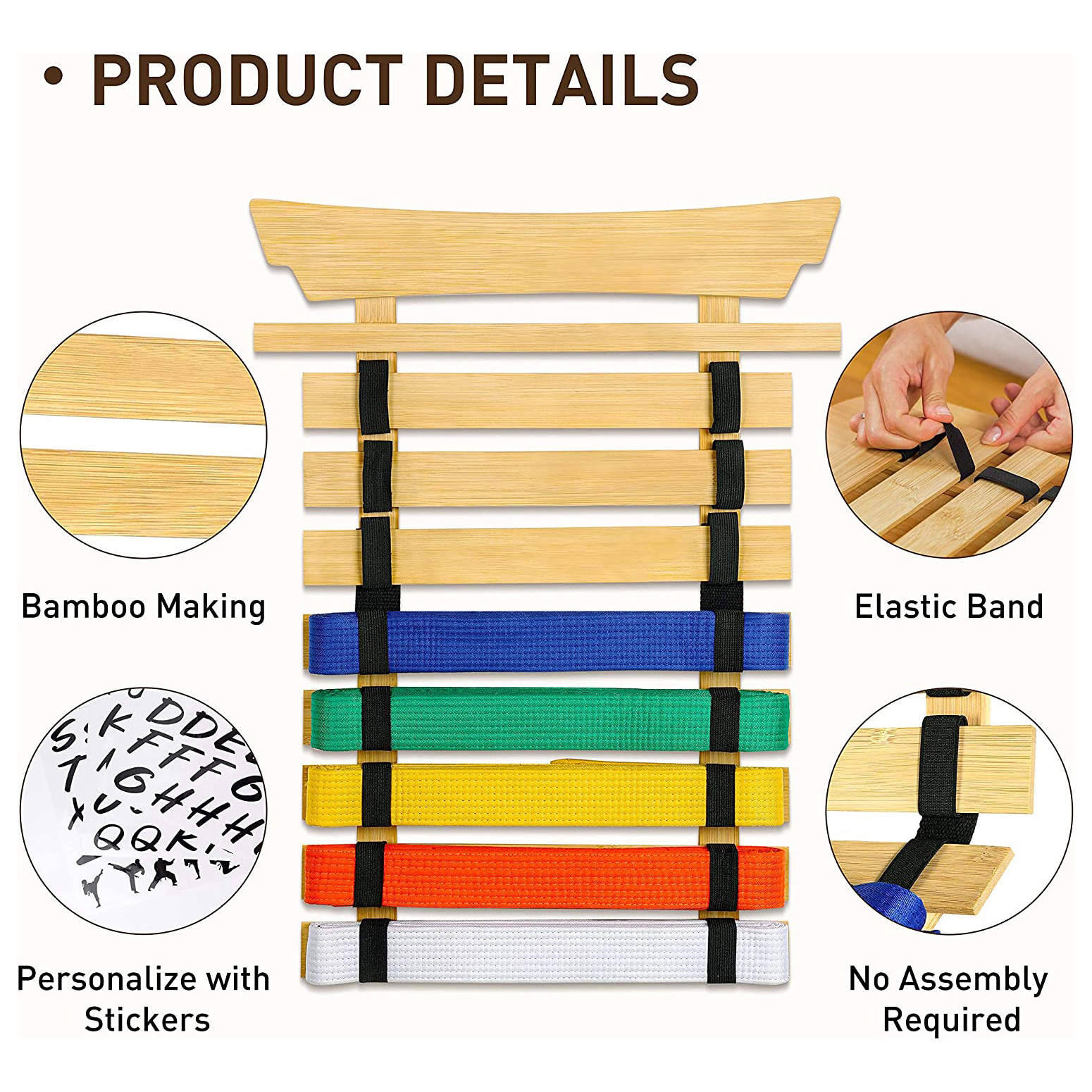 Wall mounted Pine Wood display stand  bamboo karate belt display rack for belt holder