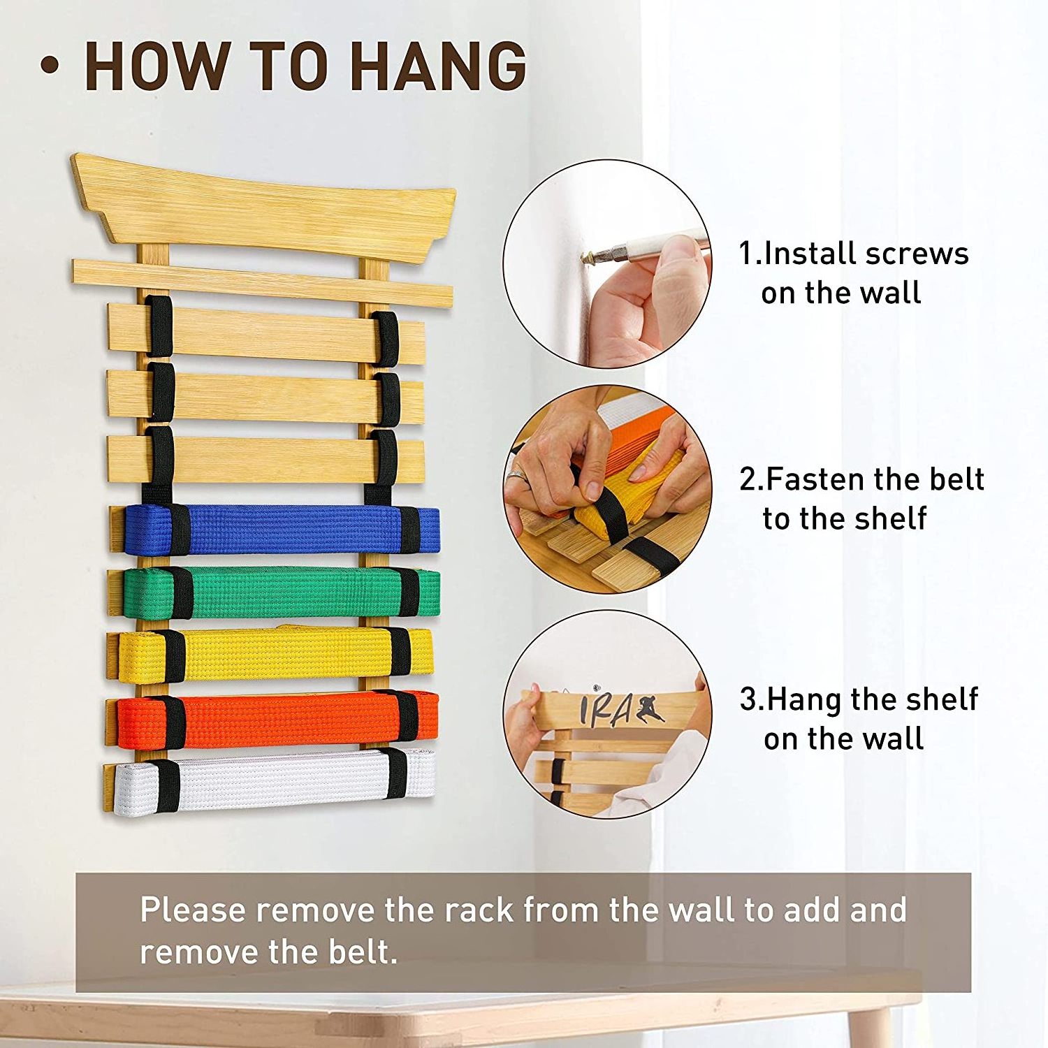 Custom Wall mounted Pine Wood display stand bamboo karate belt display rack for belt holder