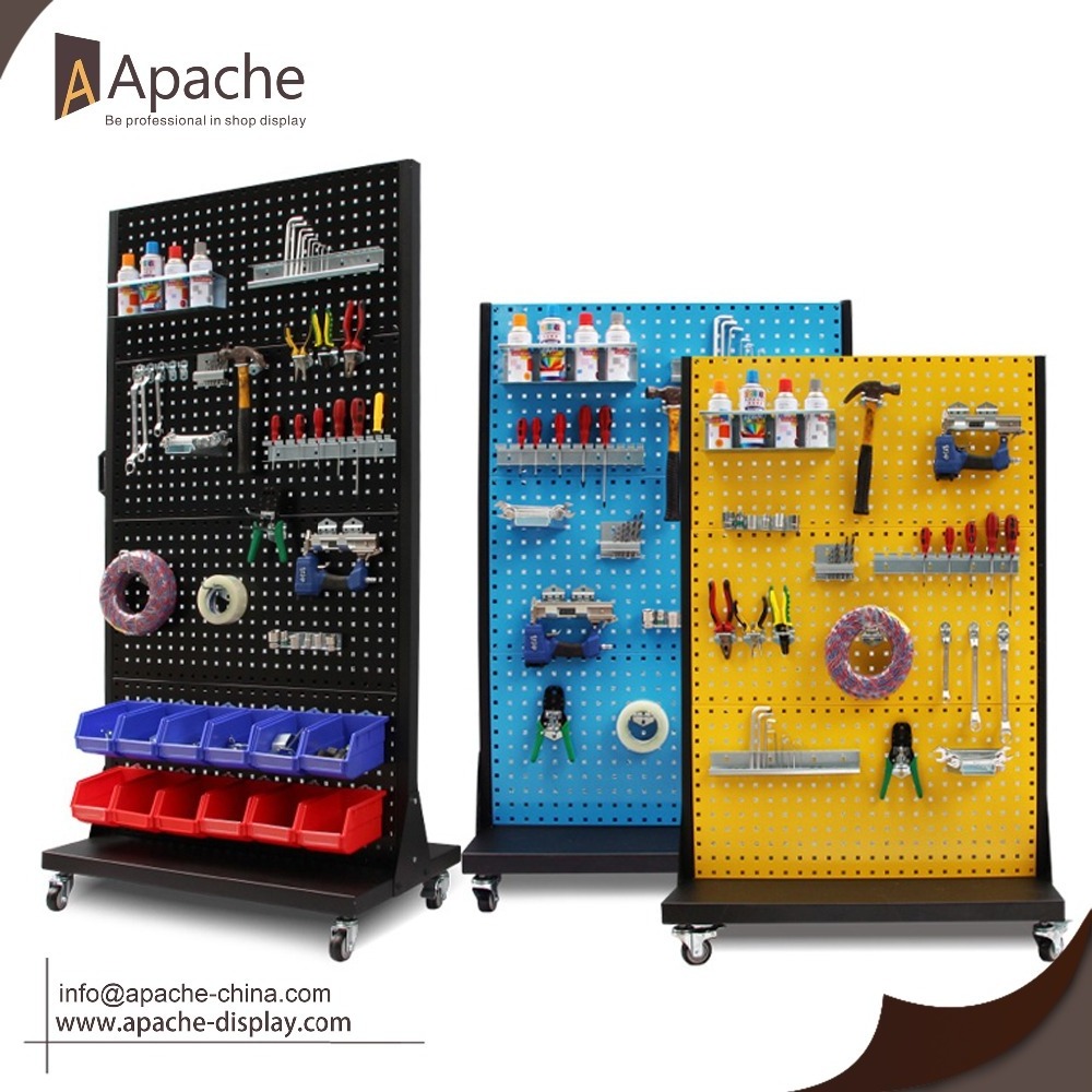 Customized Hot Selling Standing Pegboard Display Metal Display Stands Tool Display Stand With Wheels