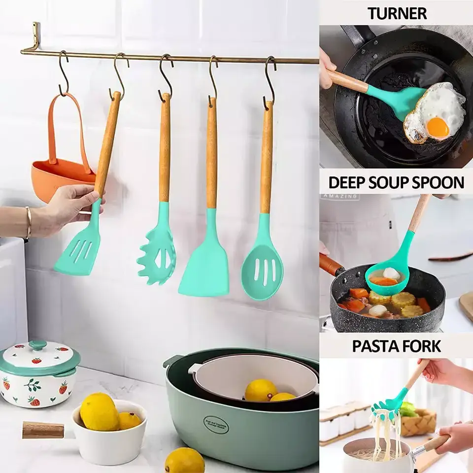 Custom12 Pieces In 1 Set Kitchen Gadgets Tools Kitchenware Silicone Home Kitchen Tools Set With Wooden Handles