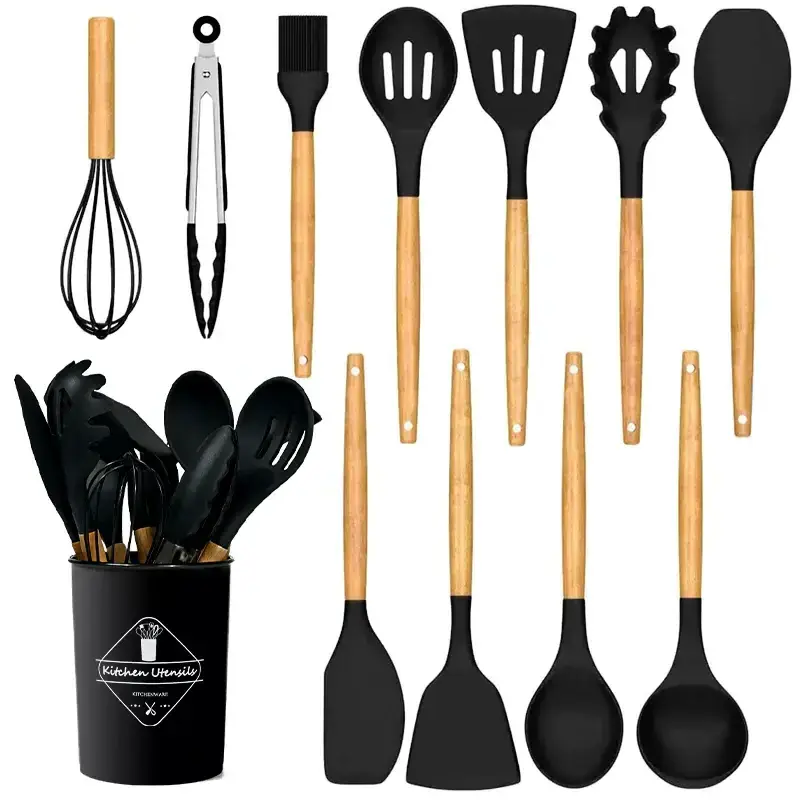 2023Baking Cooking Spoon Non Stick Brush 12 Pcs Wooden Handle Silicone Kitchen Utensil Spatula Set