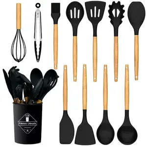 2023Baking Cooking Spoon Non Stick Brush 12 Pcs Wooden Handle Silicone Kitchen Utensil Spatula Set