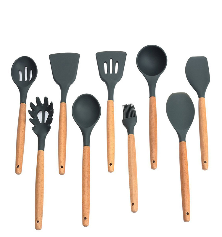 GreenEarth 10 pcs Silicone With Wooden Handle Cookware Sets Kitchen Ware Suit