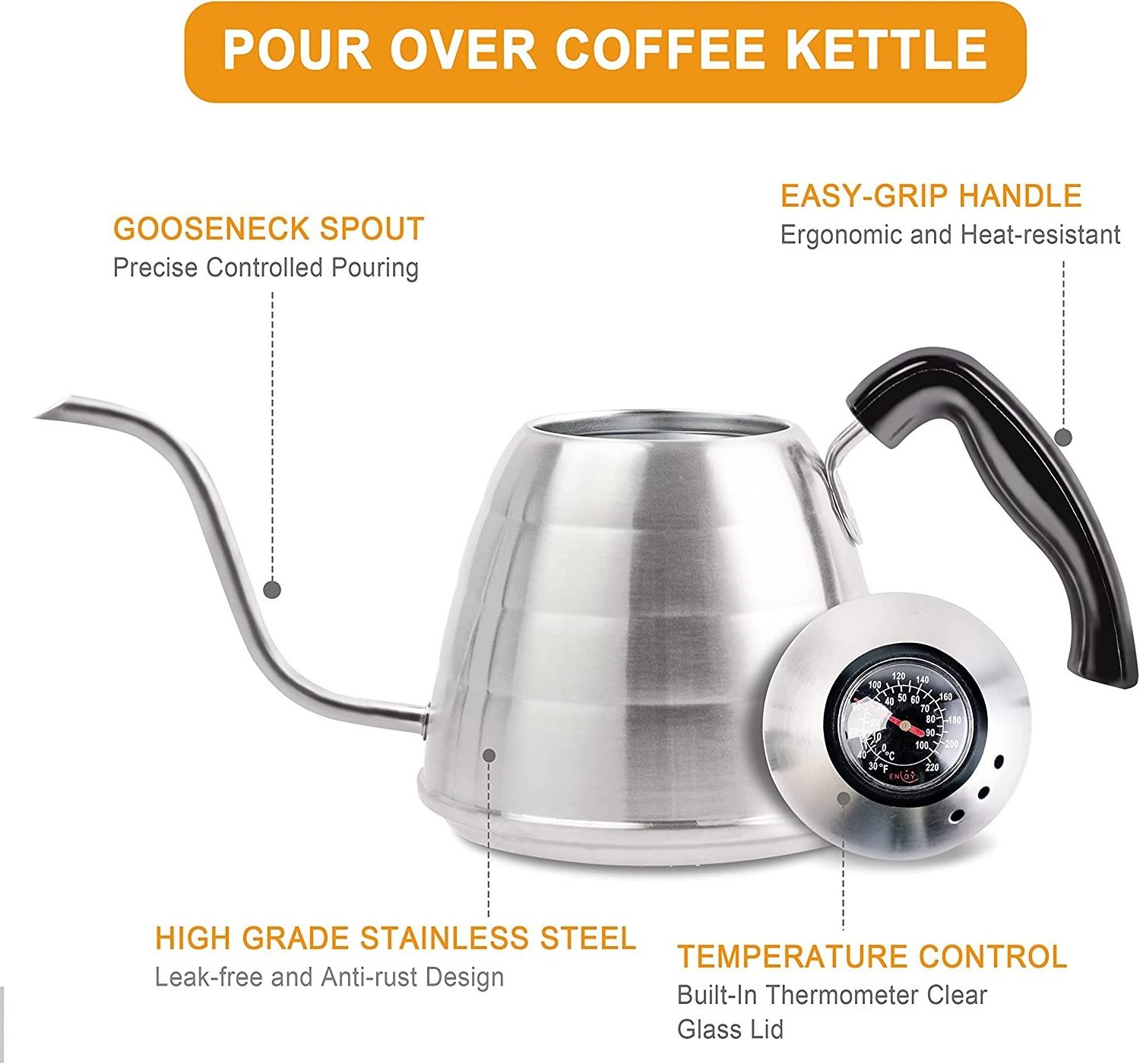 40 oz Stainless Steel Pour Over Coffee Kettle Gooseneck Coffee Kettle With Thermometer for Exact Temperature