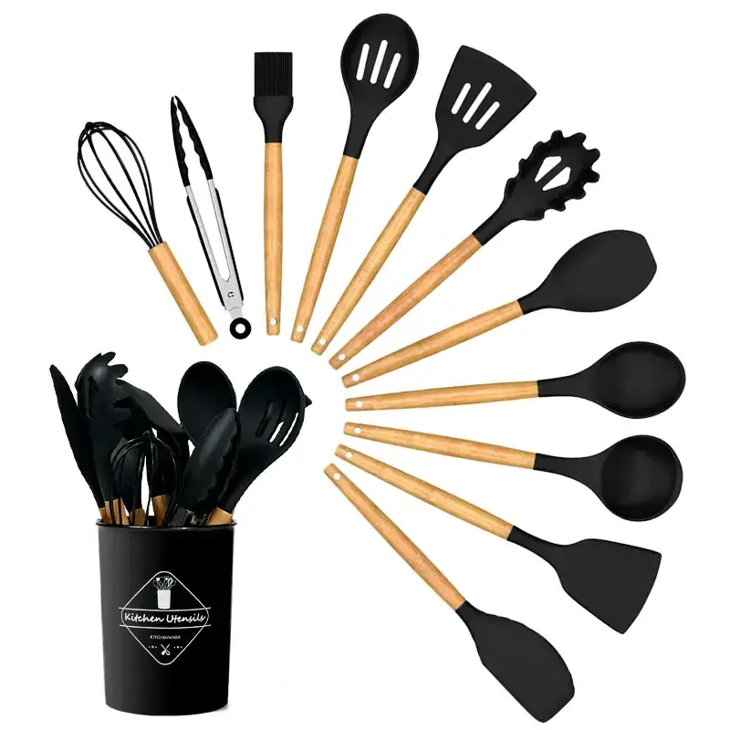 2023Baking Cooking Spoon Non Stick Brush 12 Pcs Wooden Handle Silicone Kitchen Utensil Spatula Set