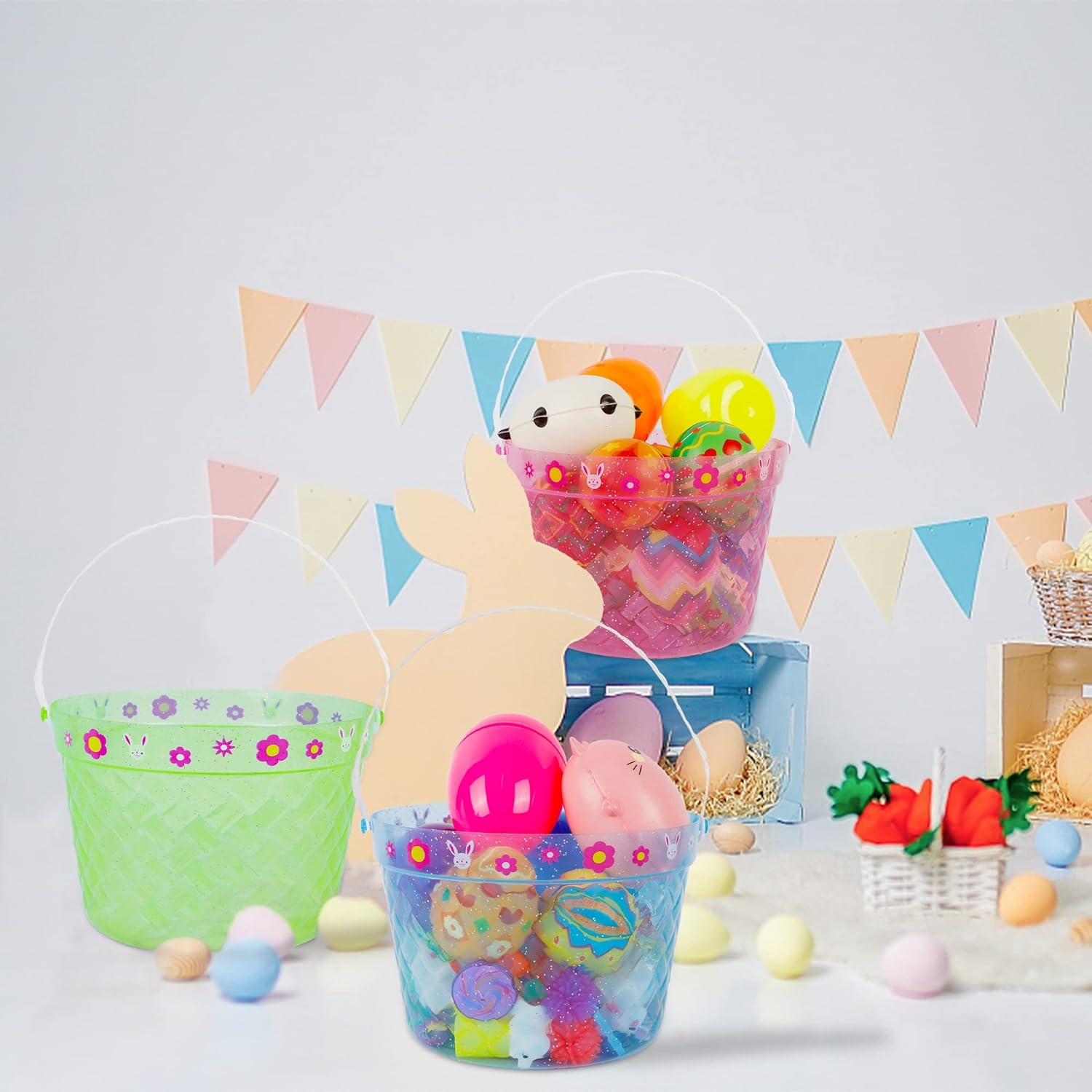 Wholesale Easter Rabbit Bunny Basket Candy Basket Plastic Fabric Sublimation Blank Easter Baskets