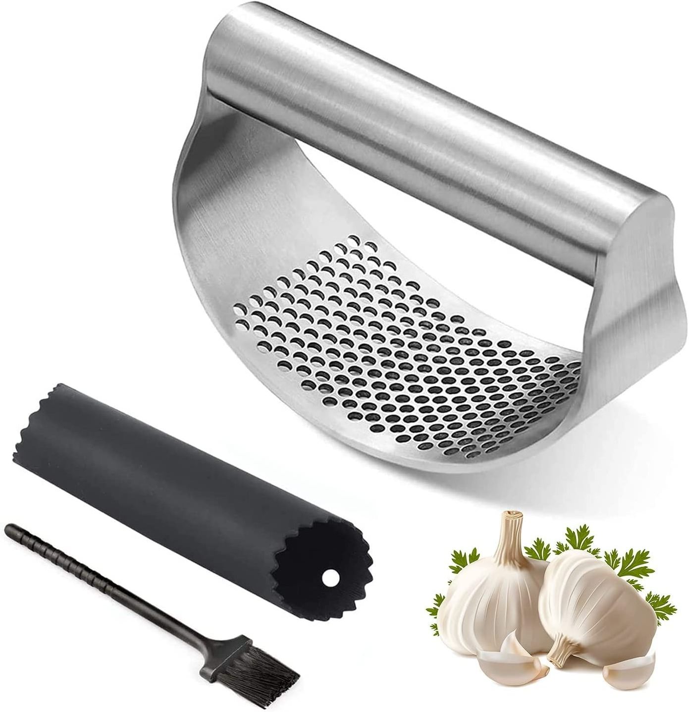 New Garlic Press Rocker Stainless Steel Garlic Mincer Garlic Crusher Chopper with Peeler and Scraper Brush for Smash