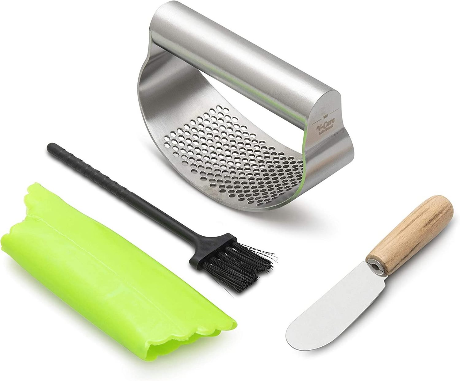 New Garlic Press Rocker Stainless Steel Garlic Mincer Garlic Crusher Chopper with Peeler and Scraper Brush for Smash