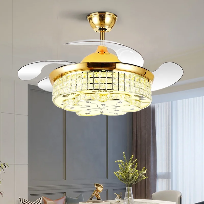 Retracted blades Crystal 42 inch 110 220 v remote control ceiling fan lights lamp home led designer tricolor round modern