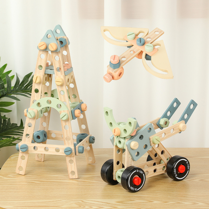 Wooden children handmade disassembly and assembly engineering car nut tool car