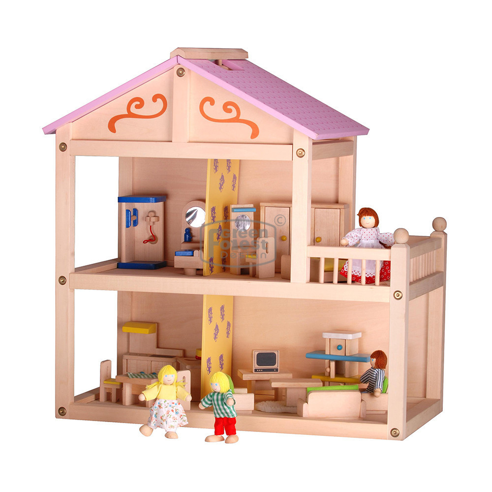 Miniature Kids Wooden Toy Doll House New Arrival Big Villa 3 Floors Pink High Wooden Dollhouse Non Toxic Painting Wood Dollhouse