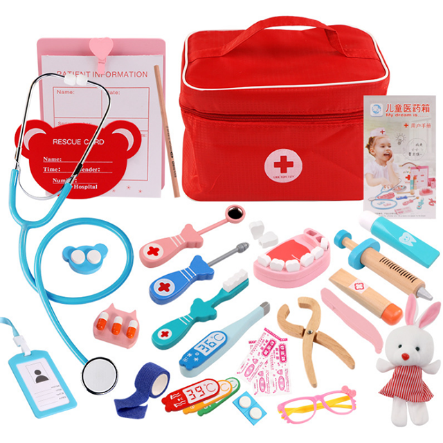 Pink girl kids pretend toy doctor set wooden doctor play set