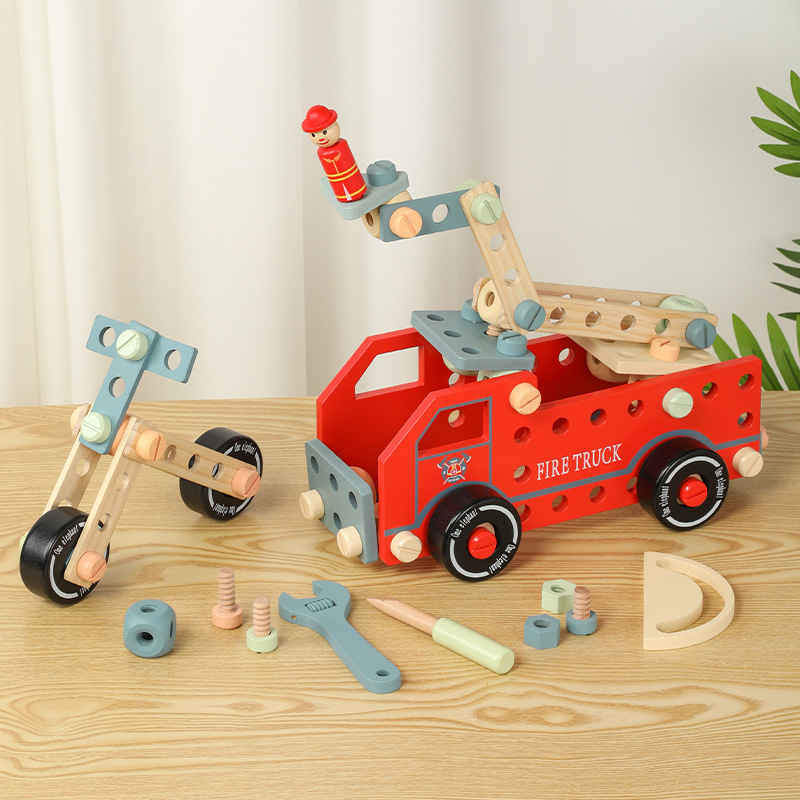 Wooden children handmade disassembly and assembly engineering car nut tool car