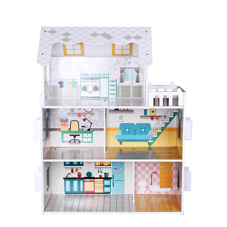 Miniature Kids Wooden Toy Doll House New Arrival Big Villa 3 Floors Pink High Wooden Dollhouse Non Toxic Painting Wood Dollhouse