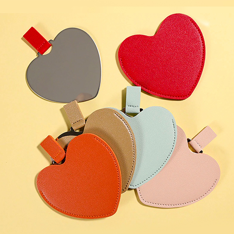 Cute Heart Shape Leather Mini Mirror Case Colorful Hand Mini Pocket Mirror