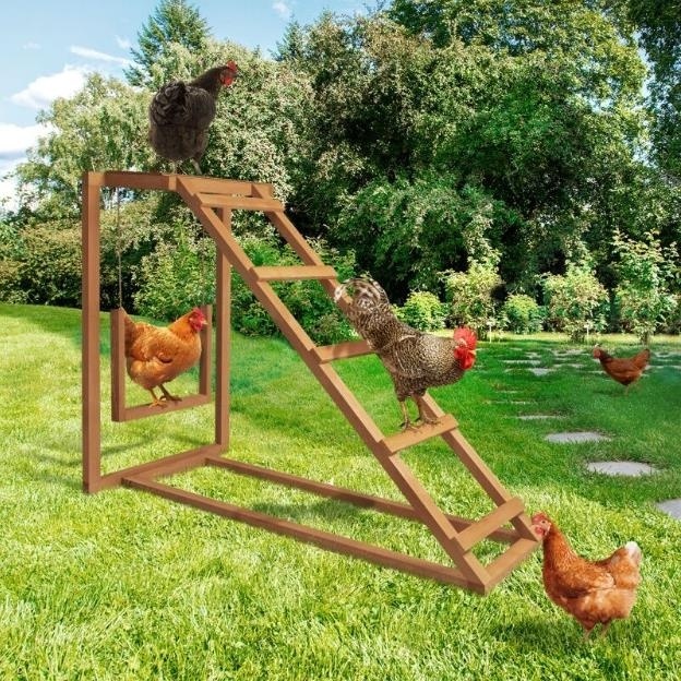 Wooden playground for hens with swing and perch