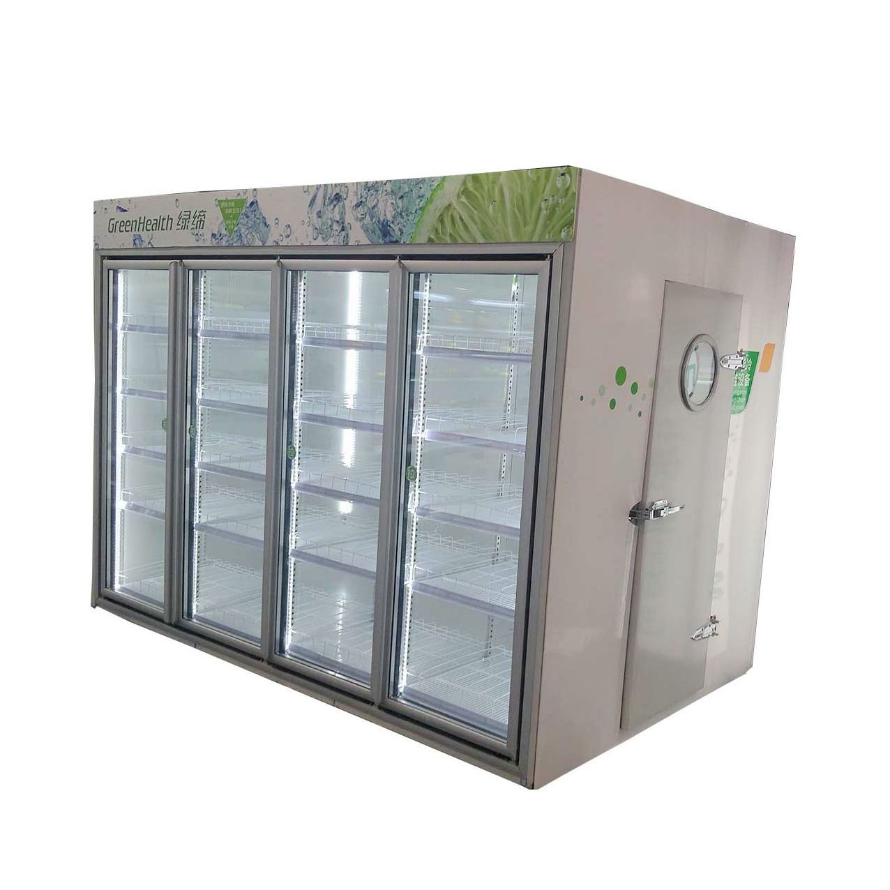 Supermarket commercial with back loading glass door display refrigerator showcase