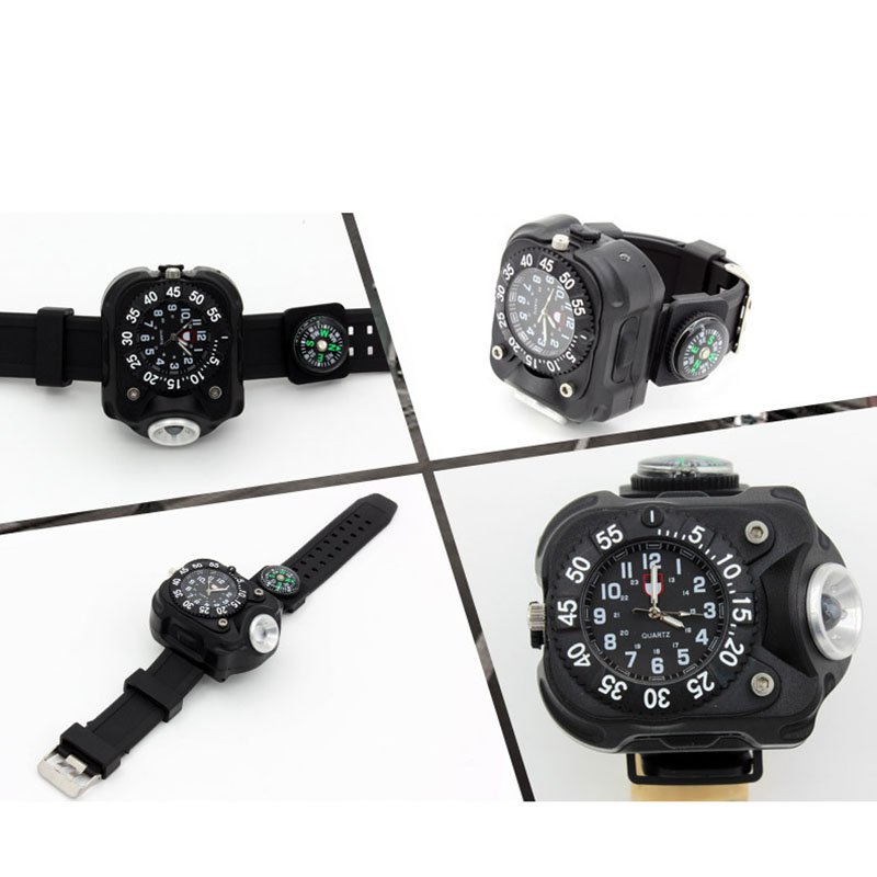 3 in 1 Super Bright LED Watch Flashlight Waterproof Torch lights with Compass Outdoor Sports Rechargeable Wrist Watch lamp torch