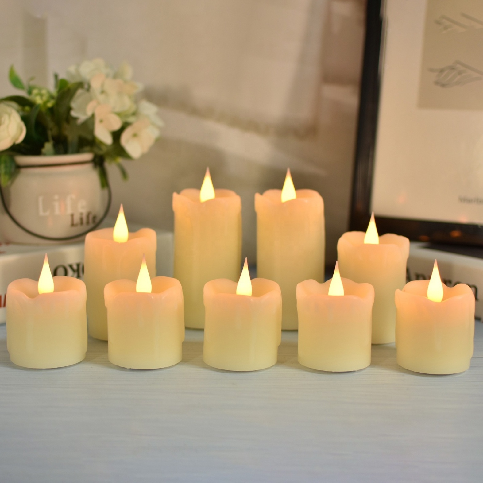 Flicking Flameless Votive Candles Battery Operated 3D Realistic Wick Ivory LED Tea Lights for Wedding Halloween Christmas Decor