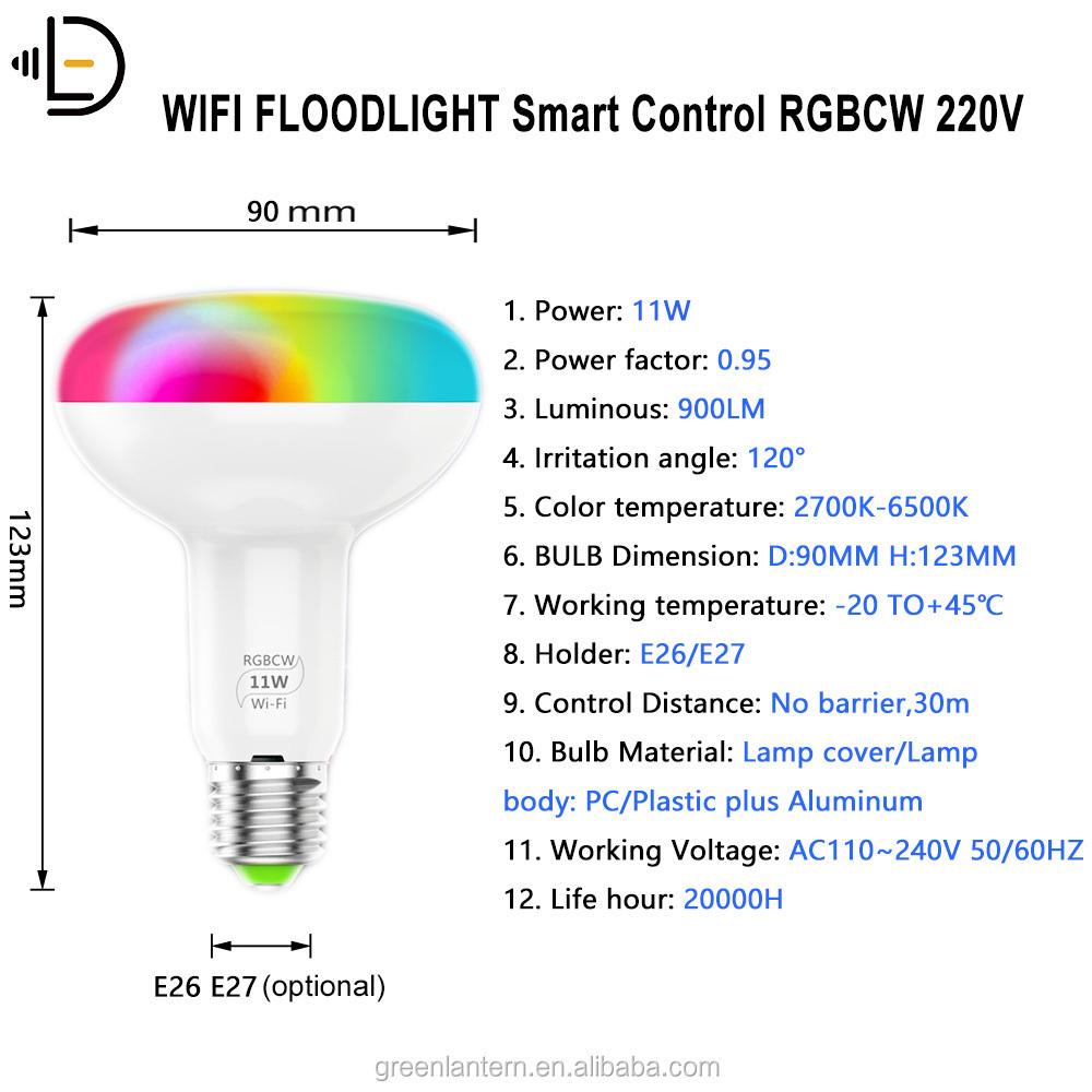 BR30 Floodlight E27 Smart Home WiFi LED Bulb 11W RGBWW Dimmable LED Bulbs Smart App Voice Control