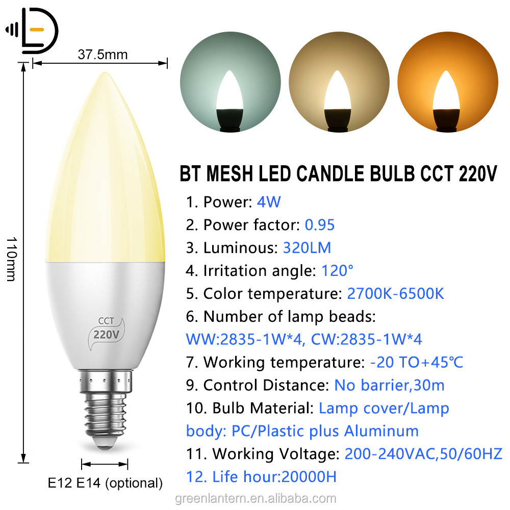 E12 E14 Smart Light Bulb 4W App Mesh CCT Dimmable Candle Light Warm White Cold White Mobile App Control