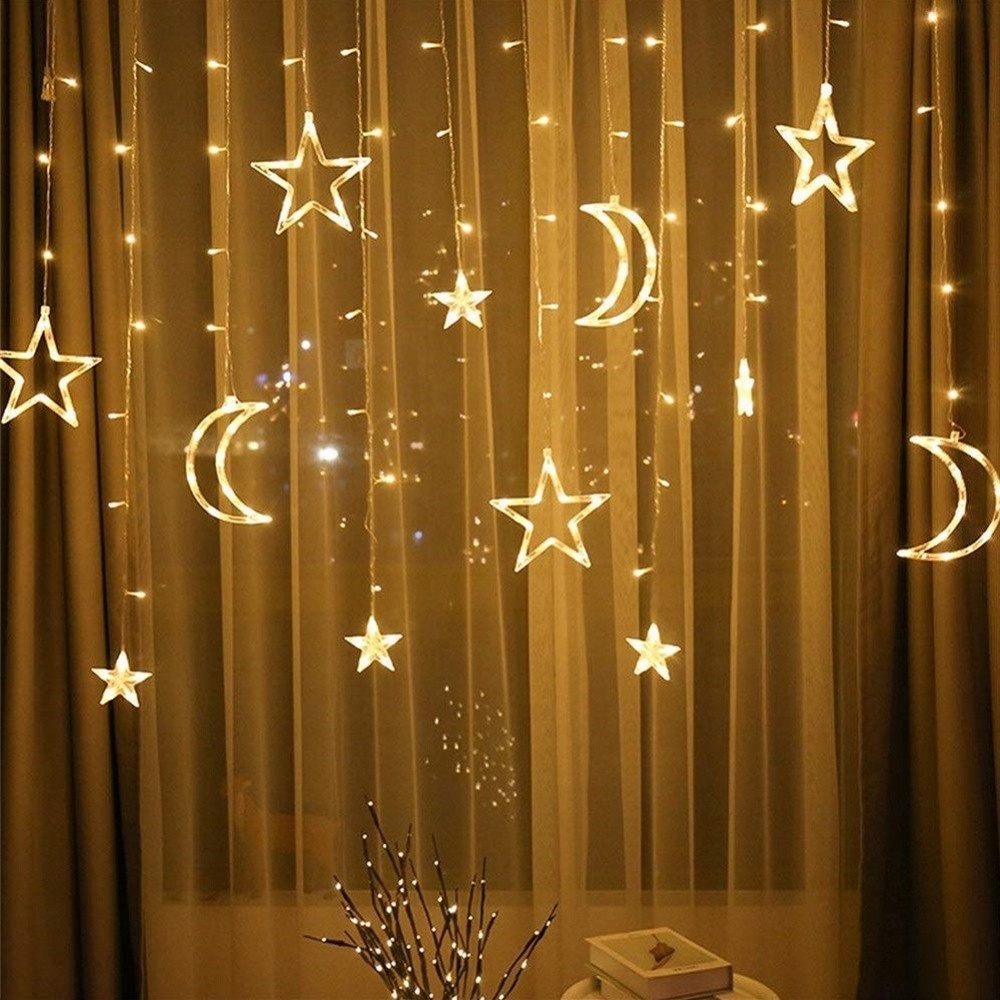 LED Moon and Star Curtain Light AC220V Christmas Garlands Fairy String Lighting Warm White For Wedding Holiday Garden Decoration