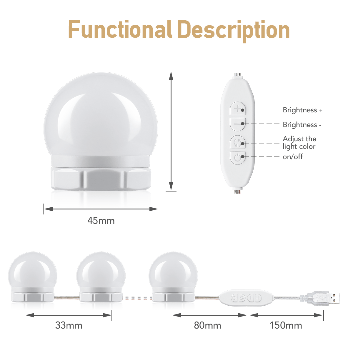 10 bulbs LED makeup mirror front light USB Hollywood led makeup mirror bulb 3 colors Dimmable Bathroom Dressing Table Lighting