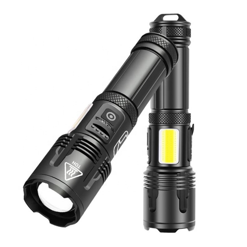 Powerful Waterproof Zoomable Rechargeable XHP70 LED Emergency Tactical Flashlight with Cob Sidelight Torch Flashlight Hunting