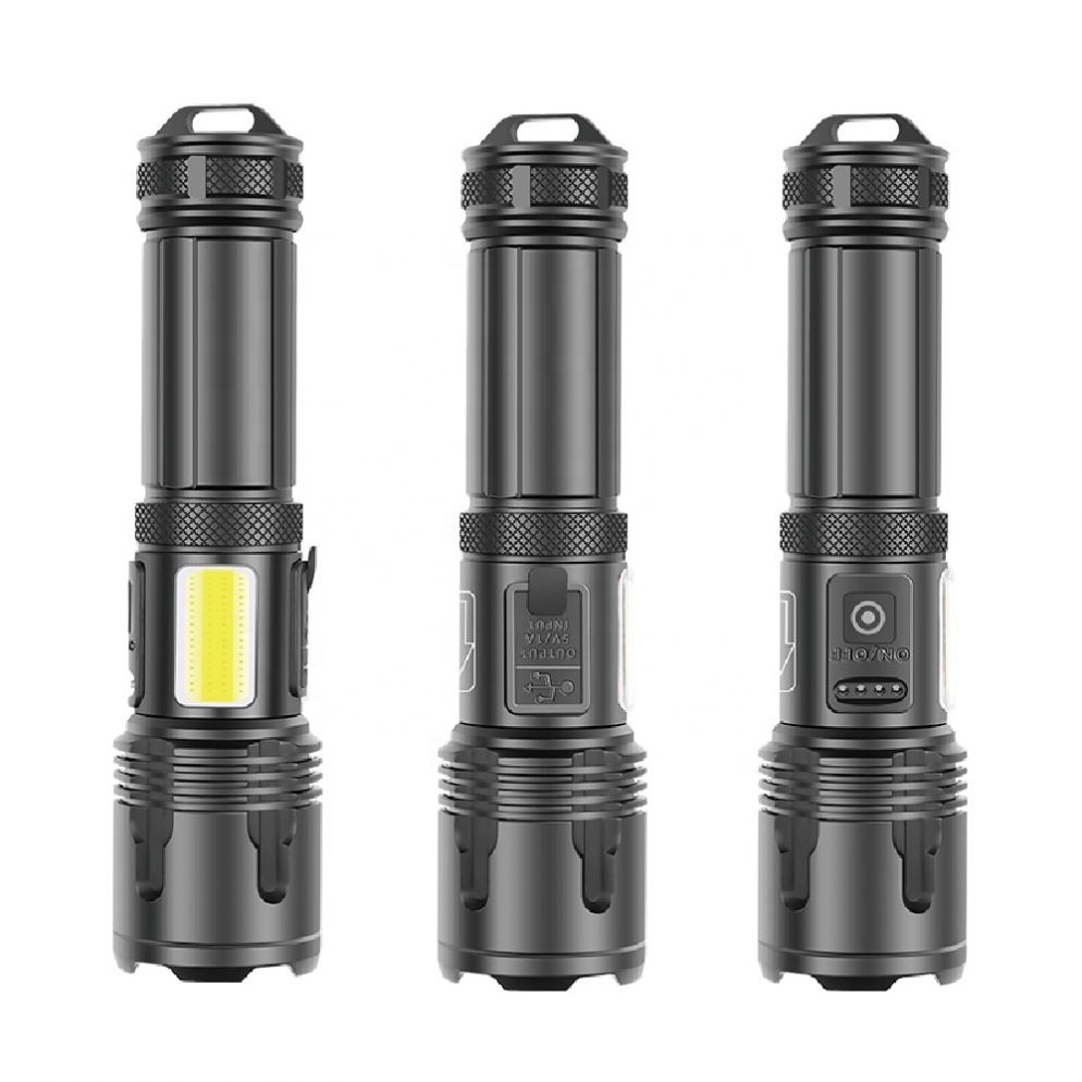 Powerful Waterproof Zoomable Rechargeable XHP70 LED Emergency Tactical Flashlight with Cob Sidelight Torch Flashlight Hunting