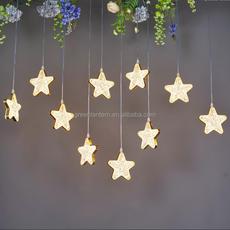 Wedding Props Transparent Acrylic 10 Stars Chandelier Sky Star Hanging Lamps Ceiling Decoration Warm White Starry Lights