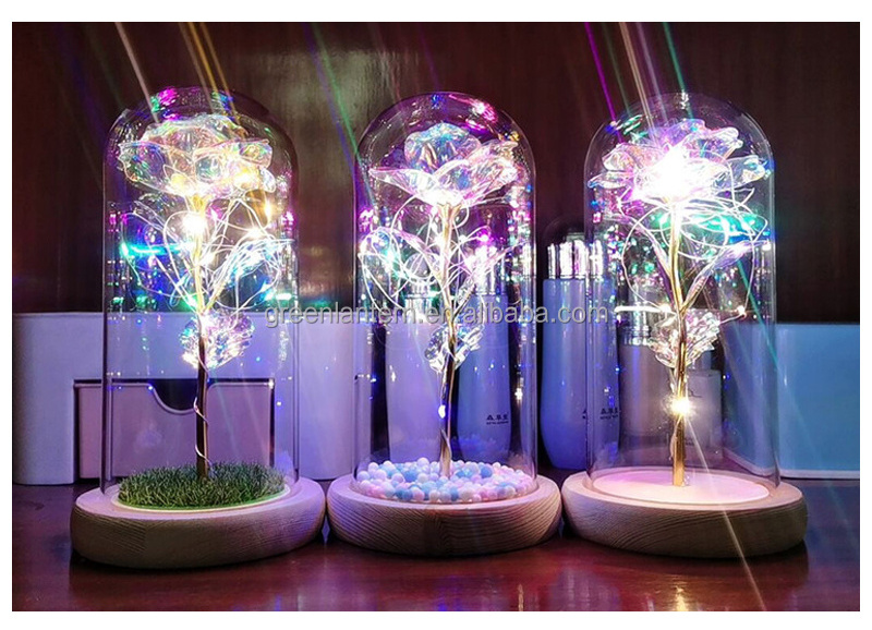 Battery Operated LED Rose Flower String Lights Flower Round Glass Bell Jar Dome Cover with Wood Base