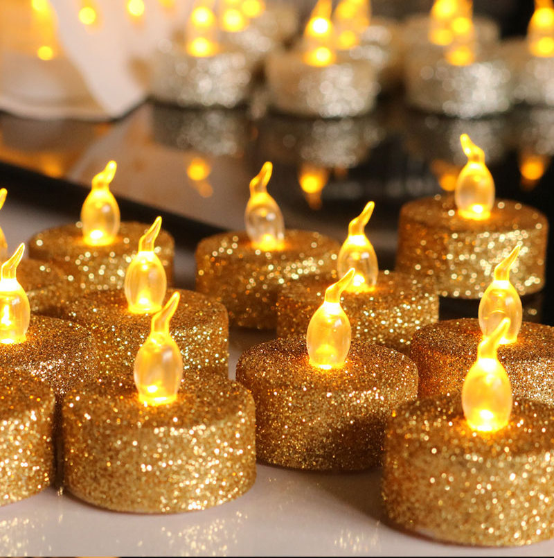 3.6cm Gold/Sliver Glitter Flickering Flameless Candles Tea Light Warm White Electric Golden tealight With CR2032 for wedding